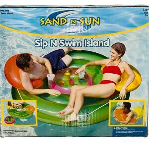 NEW Sand n Sun Sip N Swim Inflatable Pool Island Float 3 In 1 69" 6 Foot Caddy